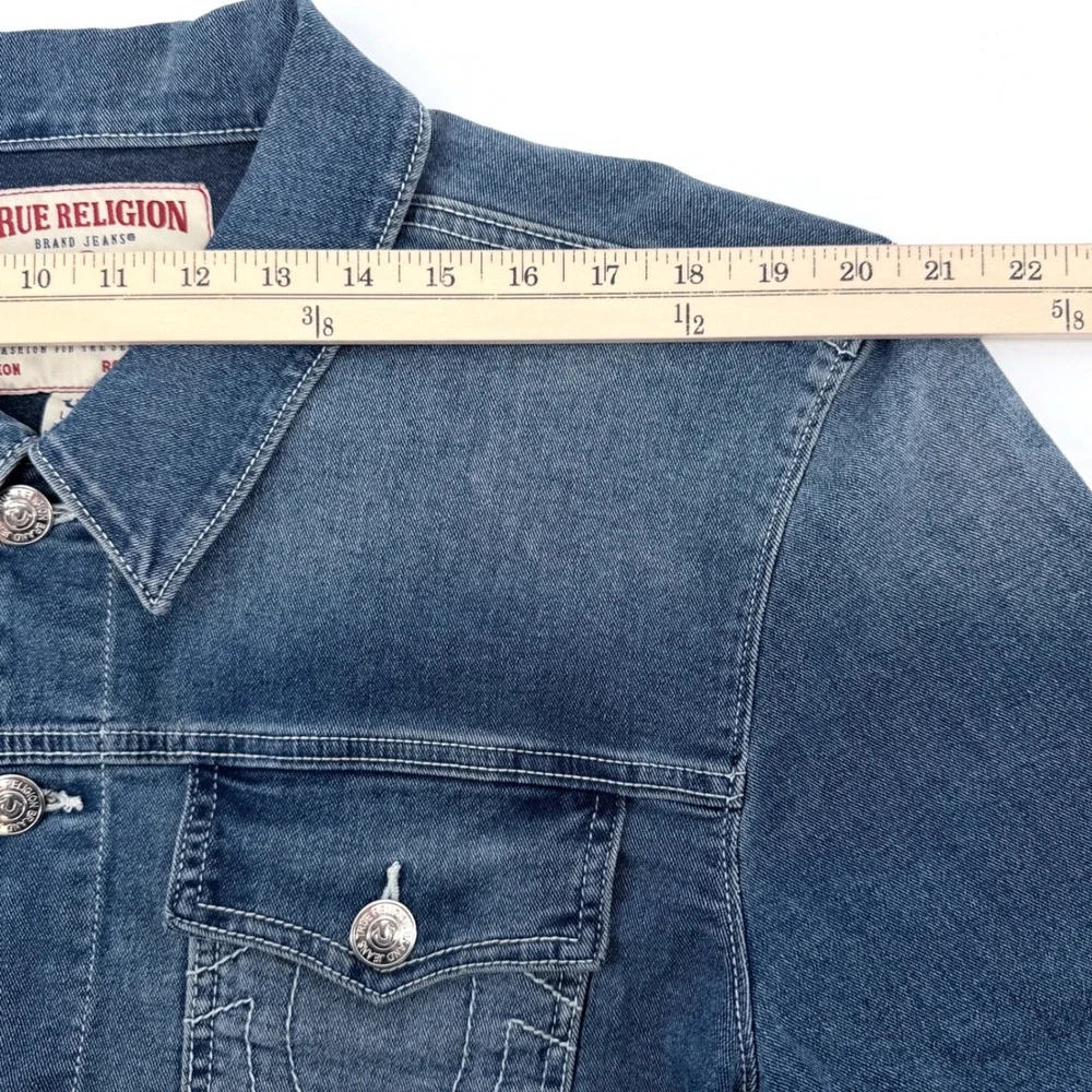 True Religion Denim Trucker Jacket Mens L Blue Excellent Stretch Horseshoe‎ Logo